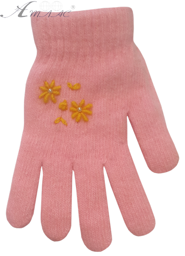 Перчатки для девочки MG р.18 см. однотонные с вышитыми цветами 13356