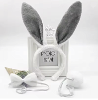 Игрушки Обруч Ушки Зайки с хвостом и бабочкой меховые белые с серым  15440 