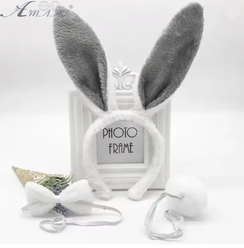 Іграшки Обруч Вушка Зайчика з хвостом і метеликом хутряні білі з сірим  15440