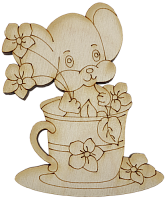Фігурка фанерна - Мишеня № 25 у чашці з квітами 71 х 85 мм з магнітом AS-4849, В-0407