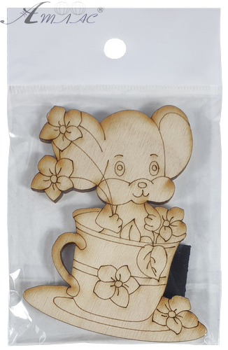 Фігурка фанерна - Мишеня № 25 у чашці з квітами 71 х 85 мм з магнітом AS-4849, В-0407 фото 3