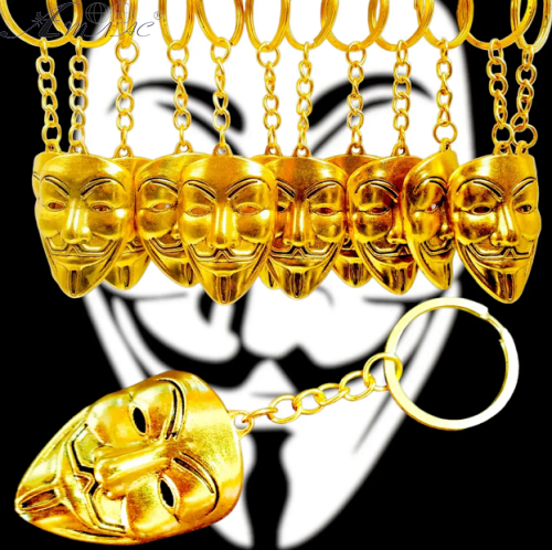 Брелок Маска ГайФокс металл золото 5см  06973