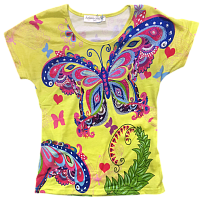 Футболка для дівчинки стретч, жжовта з метеликом та стразами р. 128-152 см 14238