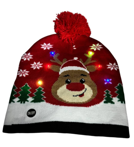 Шапка вязанная с подсветкой LED красная с оленем  01668 фото 2
