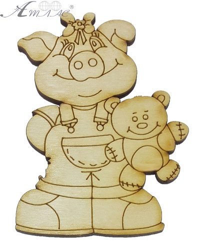 Фигурка фанерная - Свинка № 12 девочка с игрушкой 59 х 80 мм с магнитом AS-4813, В-0362