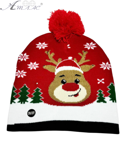 Шапка в'язана з підсвіткою LED червона з оленем  01668