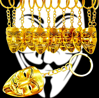 Брелок Маска ГайФокс метал золото 5см  06973