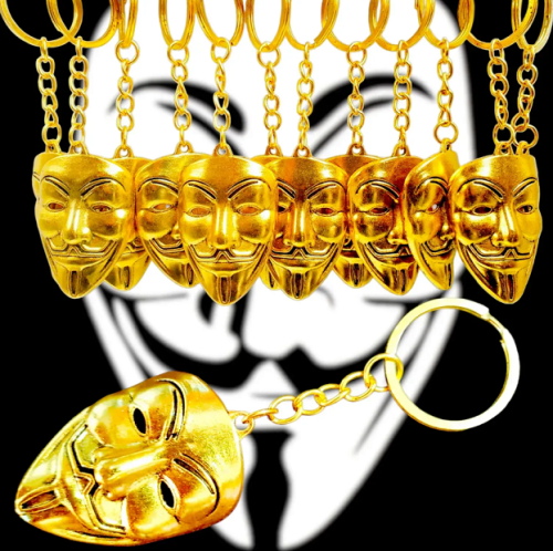 Брелок Маска ГайФокс металл золото 5см  06973