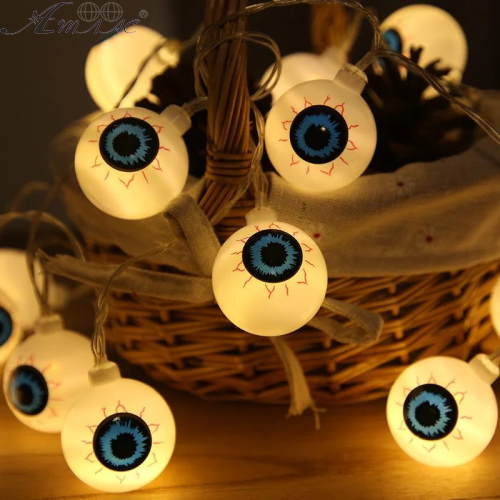 Игрушка прикол Гирлянда на Хэллоуин Глаза 150см 10шт d=4см Белый на батарейках  11199 фото 2