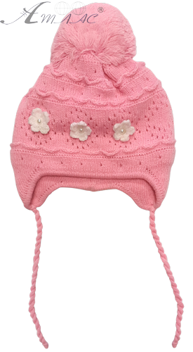 Шапочка в'язаная для дівчинки із зав'язками та бубонцем, із перлинами 13130