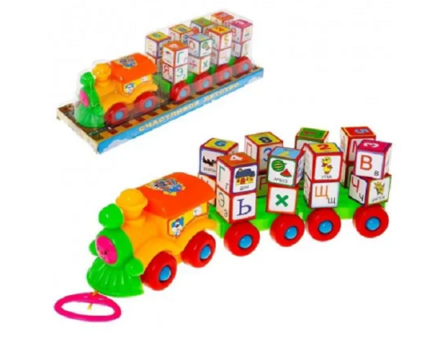 Игрушка Паровозик каталка с рус кубиками в блистере  2366С фото 2