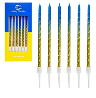 Свечи Желто-Синие набор, 6 шт свечек, 6 шт держателей, 10см в блистере 1102