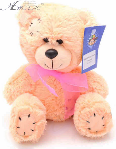 Іграшка М'яка Ведмедик з бантом, латкою персиковий 21 см  В228/0