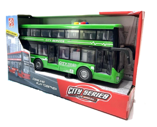 Игрушка Автобус CITY SERIES 2х этажный двери открываются свет звук зеленый 28 см  RJ5504