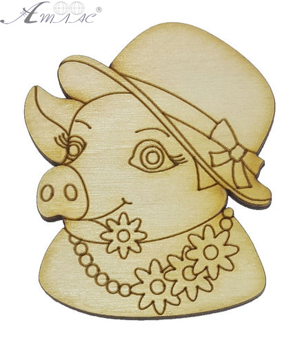 Фігурка фанерна - Порося № 16 в шапці з квітами 55 х 65 мм з магнітом AS-4817, В-0366